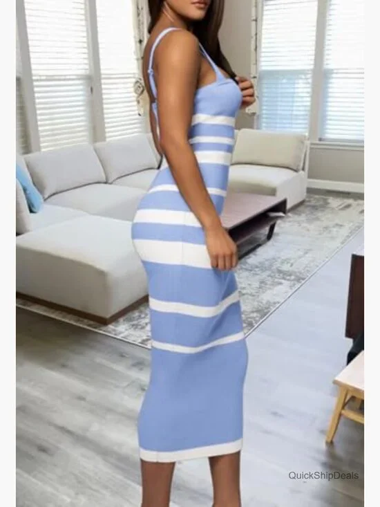 Sleeveless Striped Bodycon Midi Dress Square Neck Ribbed Knit - Picture 6 of 7